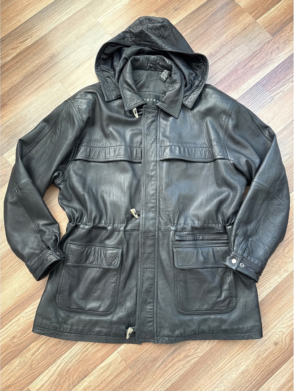 Context Black Leather Hooded Jacket Men's XLT Tall Full Zip Utility Coat